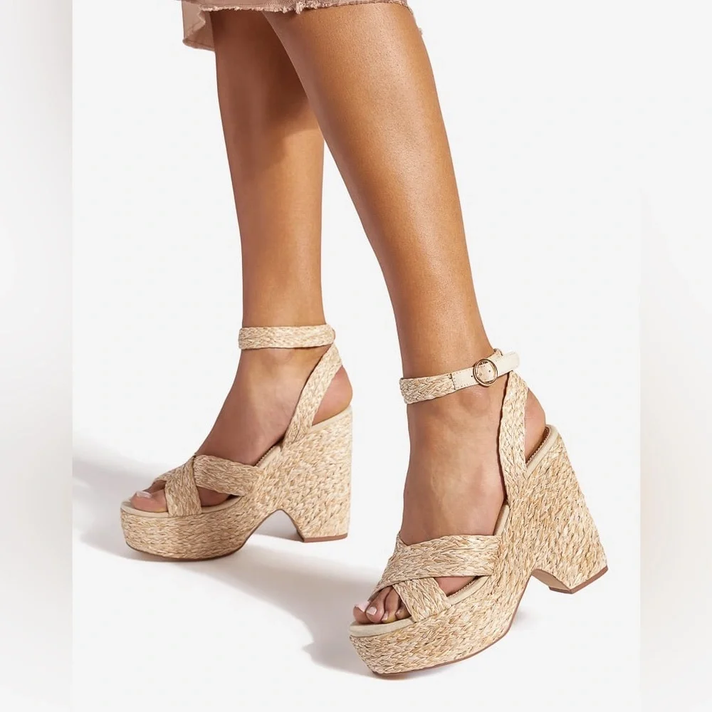 Shoedazzle Raffia Platform Wedge Ankle Strap‎ Size 10